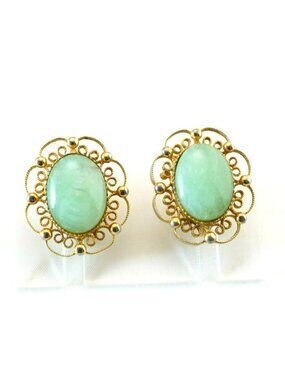 Vintage Sorrento 1/20 12K Gold Filled Green Cabochon Clip On Earrings Filigree
